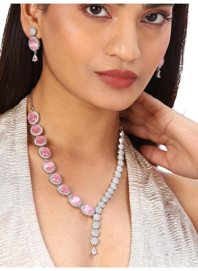 VOYLLA CZ Silver Plated Pearl Brass Necklace Set with Pink Stone  - Image 5