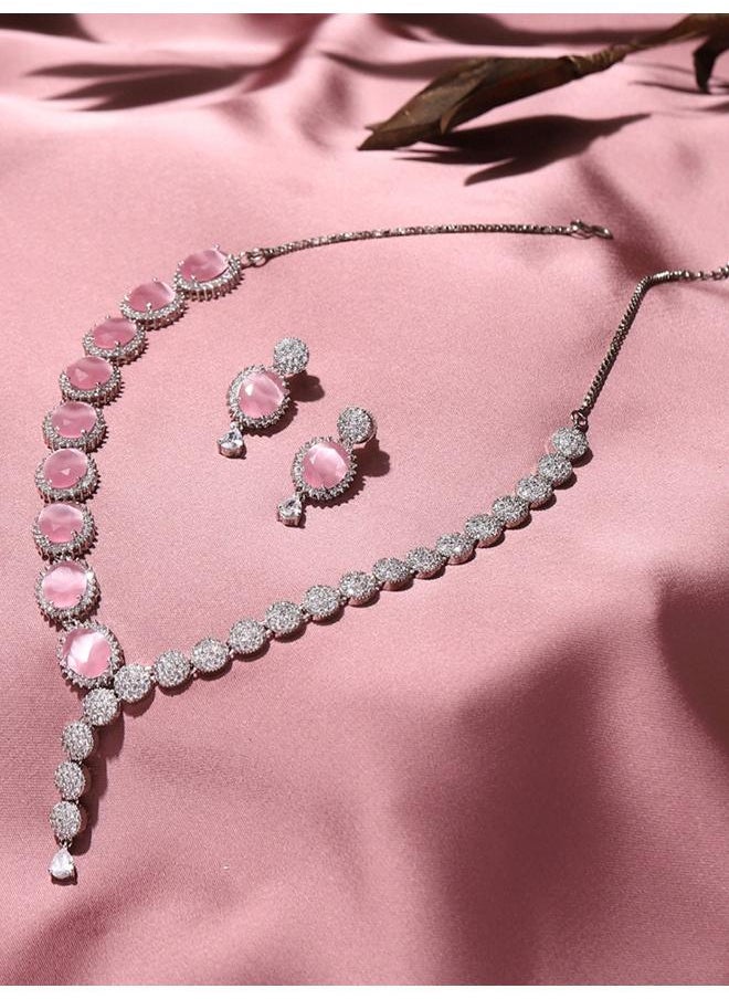 VOYLLA CZ Silver Plated Pearl Brass Necklace Set with Pink Stone  - Image 1