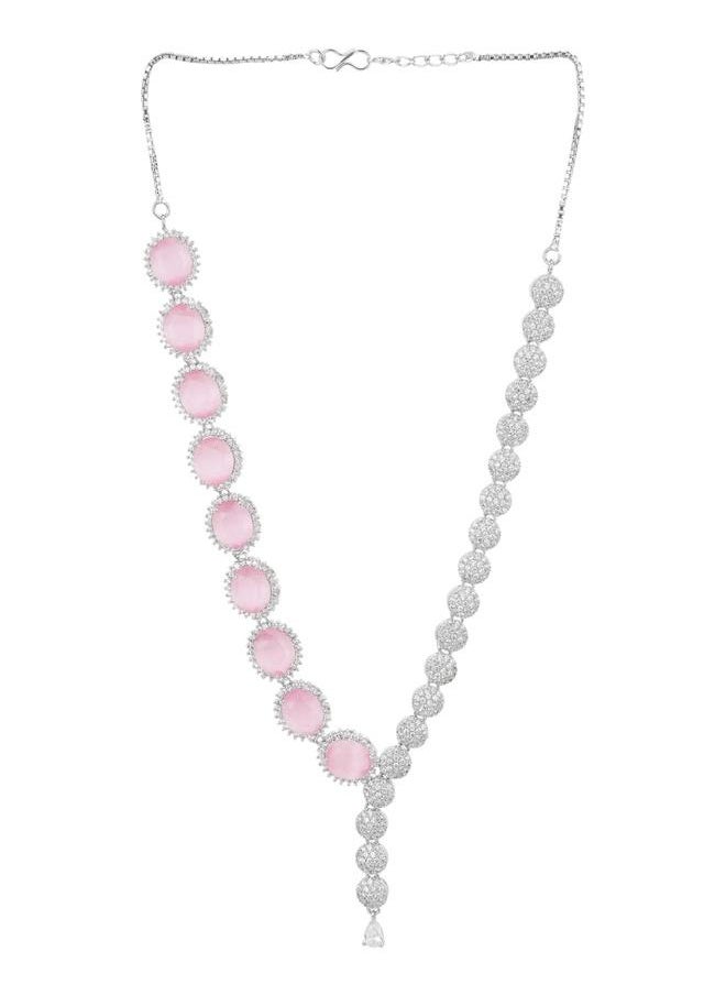 VOYLLA CZ Silver Plated Pearl Brass Necklace Set with Pink Stone  - Image 3