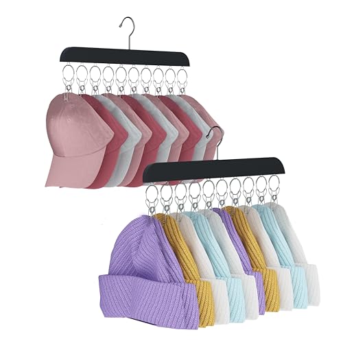 TYLbeang 2 Pack Hat Hangers for ClosetWooden Hat Rack with 10 Metal Clips for Saving Space Hat Organizer for Baseball CapsSkulliesBeaniesVisorsBlack - Image 1