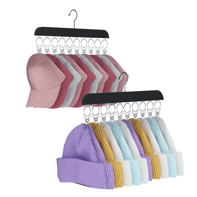 TYLbeang 2 Pack Hat Hangers for ClosetWooden Hat Rack with 10 Metal Clips for Saving Space Hat Organizer for Baseball CapsSkulliesBeaniesVisorsBlack - Image 2