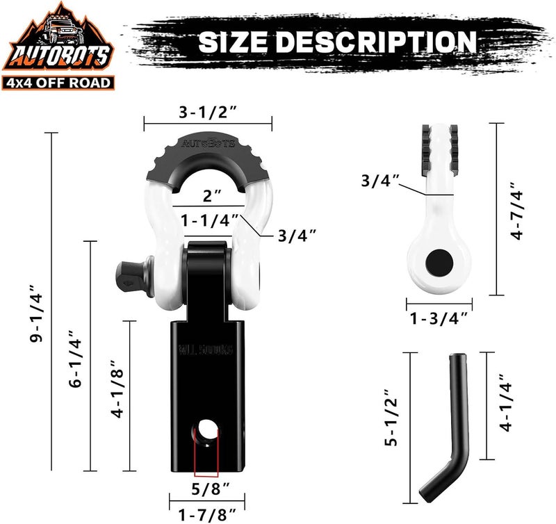 AUTOBOTS Tow Hitch Receiver 2", 45,000 Lbs Break Strength Shackle Hitch Receiver with 5/8" Screw Pin, 3/4 Shackle, Towing Accessories for Vehicle Trailer Recovery Off-Road White&Black - Image 4