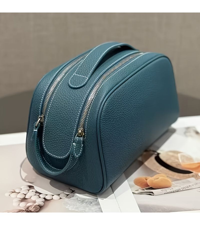 High End Large Capacity Blue Cosmetic Toiletry Bag For Travel Makeup Storage With Elegant Double Zipper Closure - Image 1