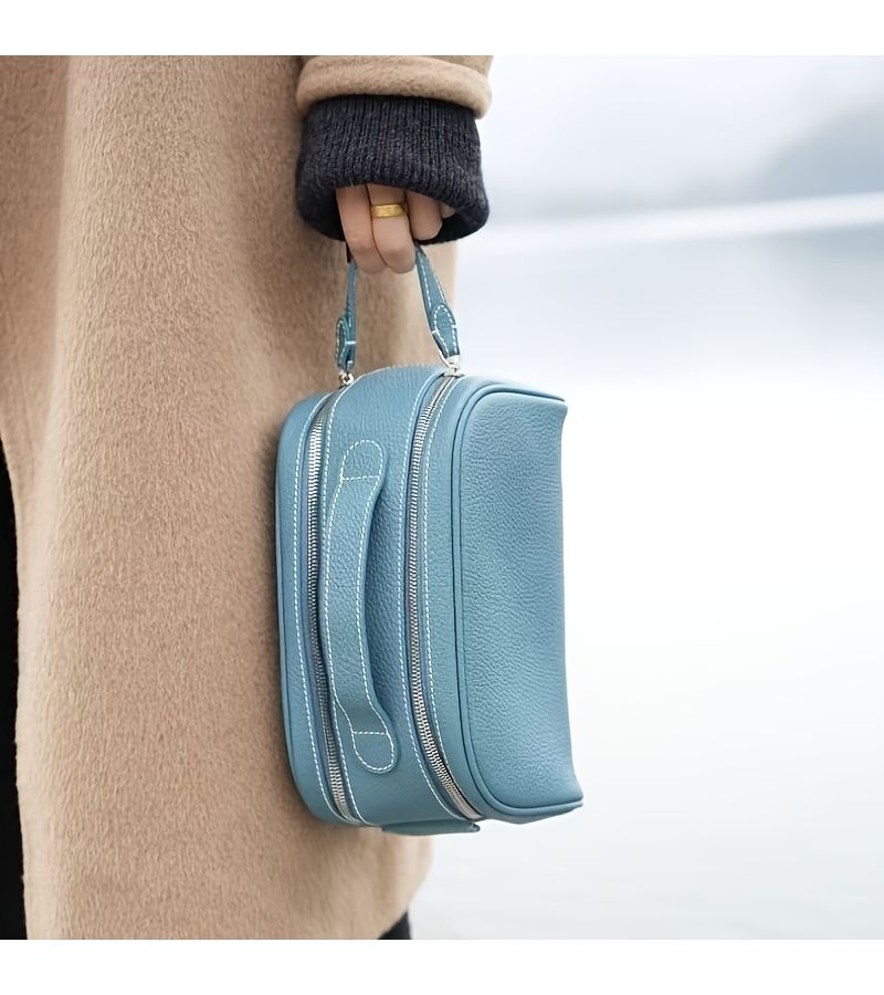 High End Large Capacity Blue Cosmetic Toiletry Bag For Travel Makeup Storage With Elegant Double Zipper Closure - Image 2