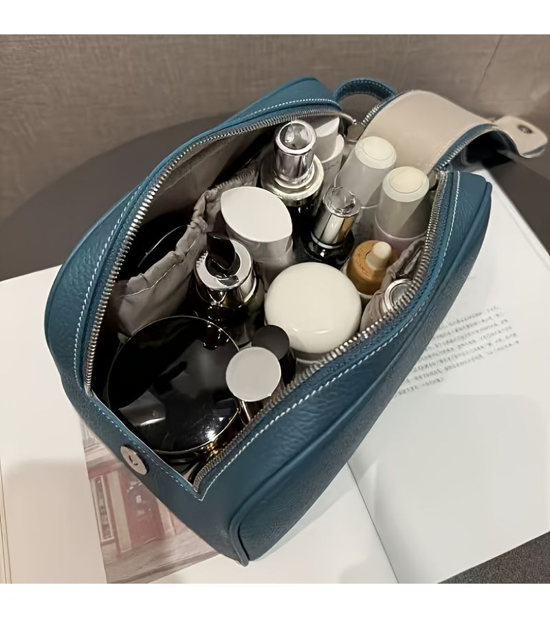 High End Large Capacity Blue Cosmetic Toiletry Bag For Travel Makeup Storage With Elegant Double Zipper Closure - Image 5