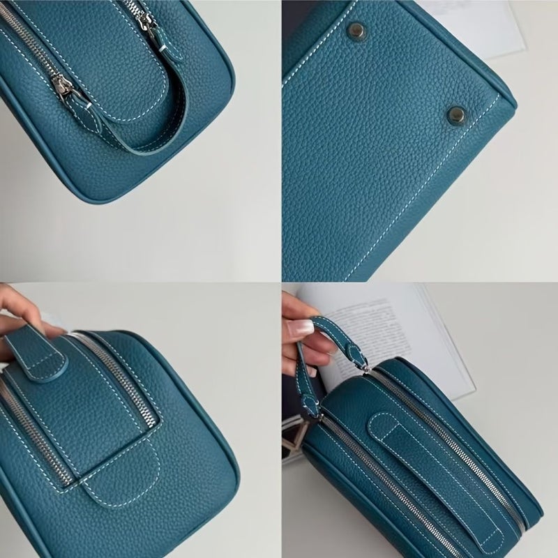 High End Large Capacity Blue Cosmetic Toiletry Bag For Travel Makeup Storage With Elegant Double Zipper Closure - Image 3