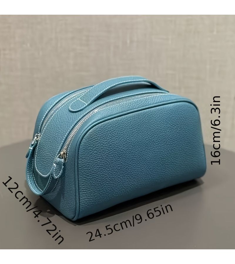 High End Large Capacity Blue Cosmetic Toiletry Bag For Travel Makeup Storage With Elegant Double Zipper Closure - Image 4