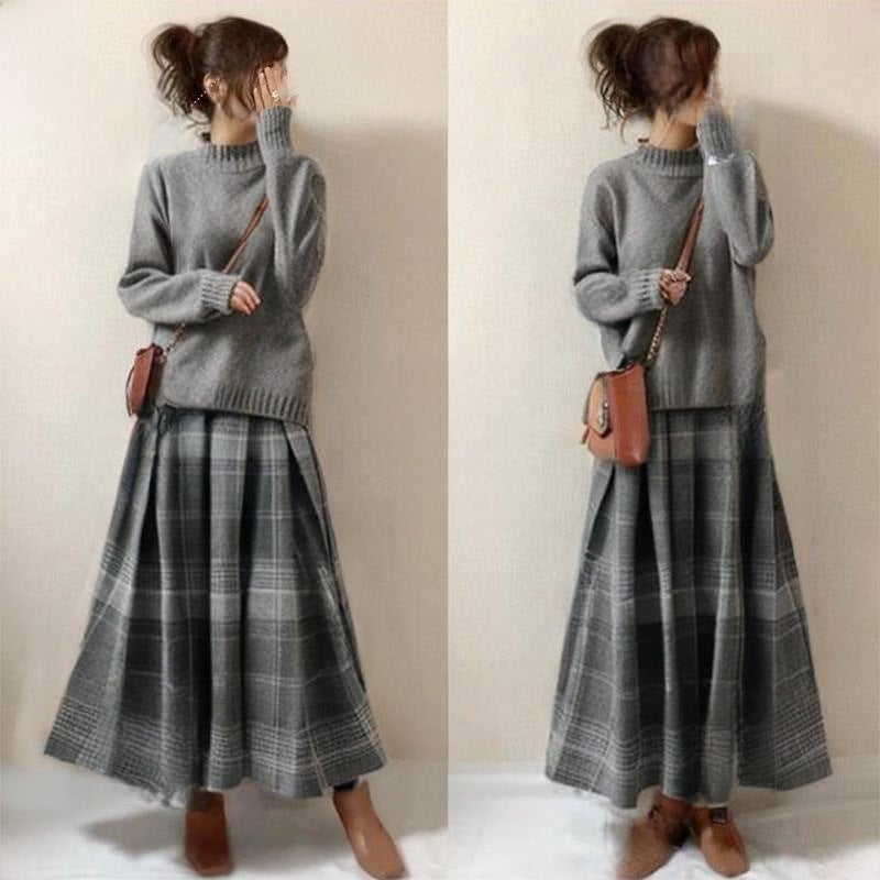 Autumn Winter 2024 Japanese Turtleneck Sweater Skirt Set Grey