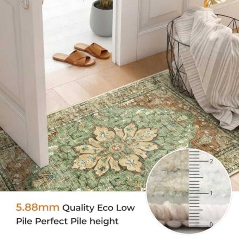 Living Room Rug 180×270cm Machine Washable Rugs Vintage Floral Polyester Carpet Anti-Slip Carpet with Print Pattern for Bedroom Dining Room Brick/Green - Image 3