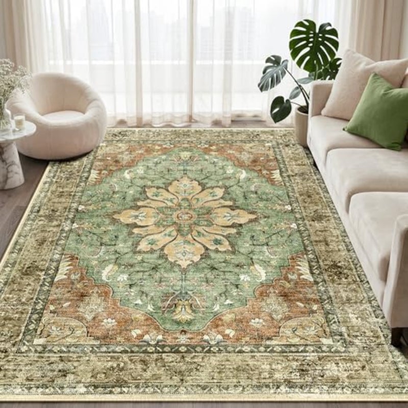 Living Room Rug 180×270cm Machine Washable Rugs Vintage Floral Polyester Carpet Anti-Slip Carpet with Print Pattern for Bedroom Dining Room Brick/Green - Image 1