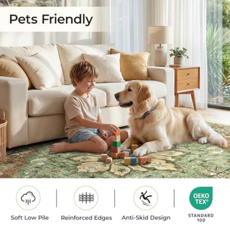 Living Room Rug 180×270cm Machine Washable Rugs Vintage Floral Polyester Carpet Anti-Slip Carpet with Print Pattern for Bedroom Dining Room Brick/Green - Image 5