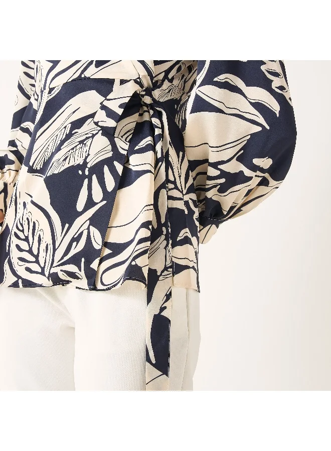Iconic Iconic All-Over Print V-neck Wrap Top with Long Sleeves