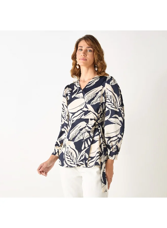 Iconic Iconic All-Over Print V-neck Wrap Top with Long Sleeves