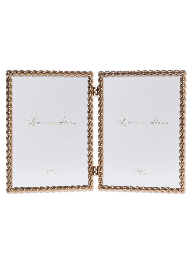Lawrence Frames 5x7 Hinged Double Cast Metal Picture Frames  Gold Rope Design  - Image 1