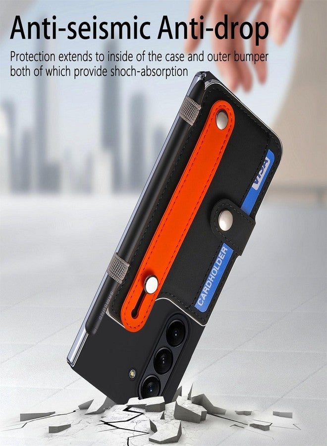 أوميو جراب محفظة Omio لهاتف Galaxy Z Fold 6 مع حامل قلم S Pen وحامل، واقي شاشة مدمج، حزام معصم، حامل بطاقات، غطاء خلفي، جراب من البولي كربونات الصلب مقاوم للصدمات، جراب بمقبض مريح للأصابع للرجال والنساء والفتيات، أسود - Image 3