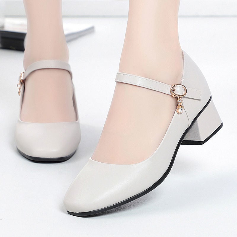 [Shop Selling] Stewardess Long-Standing Work Shoes Women'S Black One-Word Buckle Middle-Heel Leather Shoes Not Tired To Work - Image 1