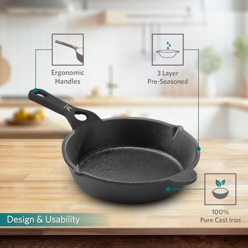 VAYA HauteChef Pre-Seasoned Cast Iron Skillet/Omelette Pan, 15 cm, Naturally Non-Stick, 100% Pure, Premium & Toxin-Free, Oven & Induction Compatible, for Tawa Cooking, Searing, Frying Eggs & Baking - Image 2