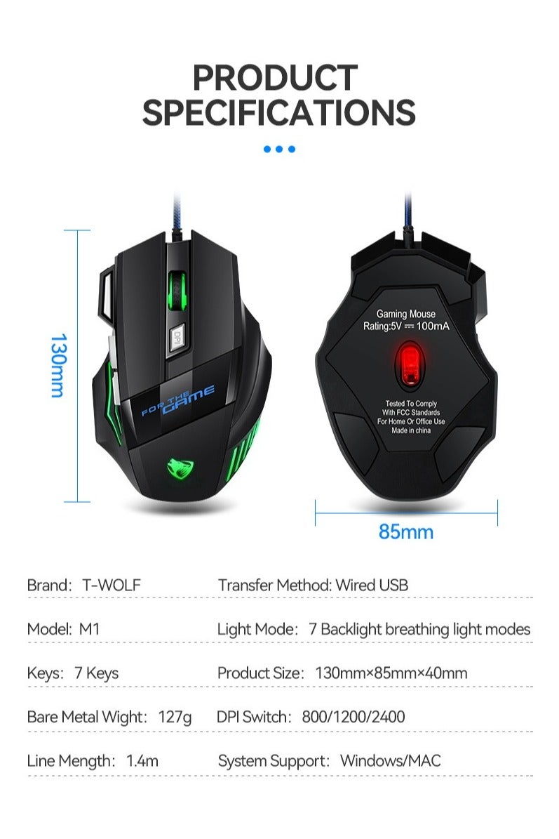 Heyla Wired gaming mouse, 2400DPI optical gaming mouse, 6-key four-way scroll wheel, suitable for PC and laptop computer mice, ergonomic gaming mouse with thumb rest, used for gaming and work. - Image 3