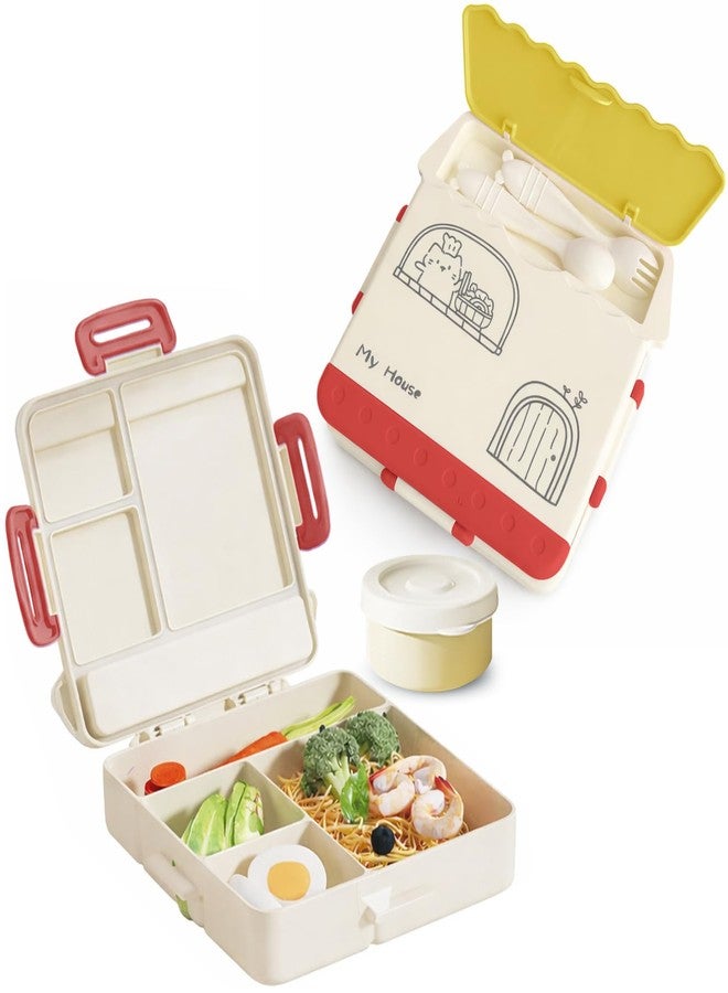 Lyrovo Kids Lunch Box for School with Compartments | BPA Free Leak Proof Plastic Tiffin Box for Kids Boys & Girls | Cute Cartoon Lunch Box with Spoon & Fork (Yellow) - Image 1
