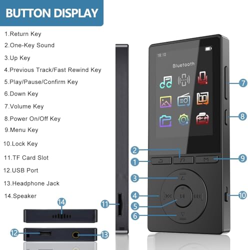 Aiandcc 64GB MP3 Player with Bluetooth 5.3, Music Player with HiFi Sound for Sports Runners, 2.4" Screen MP3 Player Built in HD Speaker Voice Recorder FM Radio E-Book, Expanded Up to 128GB, Earphone Included - Image 5