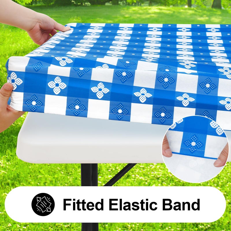 Spotjoy Rectangle Vinyl Table Cloth  Waterproof Elastic Fitted Tablecloth with Flannel Backing  Plastic Table Cover for Picnic  Camping  Outdoor (Blue & White  30""x48"") - Image 2