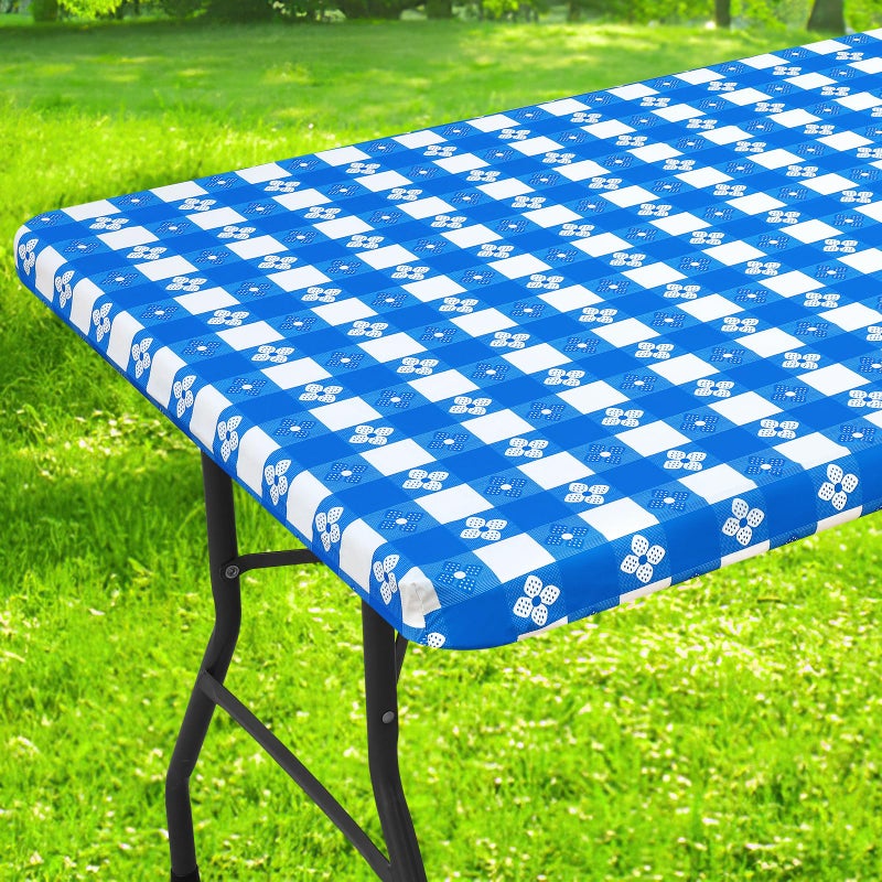 Spotjoy Rectangle Vinyl Table Cloth  Waterproof Elastic Fitted Tablecloth with Flannel Backing  Plastic Table Cover for Picnic  Camping  Outdoor (Blue & White  30""x48"") - Image 1