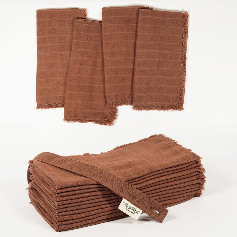 Vargottam 100% Cotton Muslin Cloth Napkins - Set of 12 | 20"x20" Reusable Dinner Napkin with Fringed Edges & Self-Check Texture | Solid Color Table Napkin for Festive Occasions, Dinner Parties - Brown - Image 4