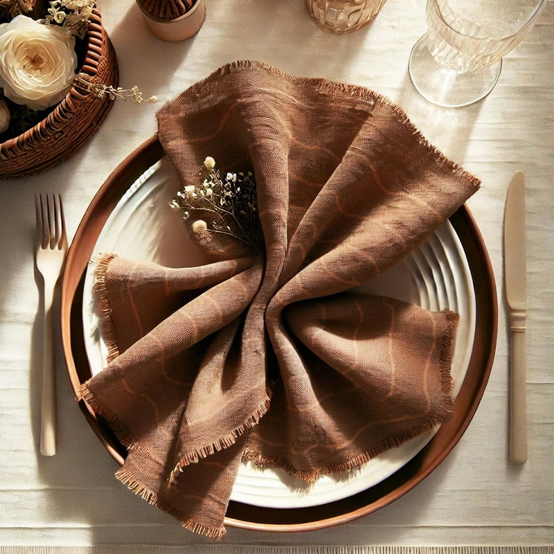 Vargottam 100% Cotton Muslin Cloth Napkins - Set of 12 | 20"x20" Reusable Dinner Napkin with Fringed Edges & Self-Check Texture | Solid Color Table Napkin for Festive Occasions, Dinner Parties - Brown - Image 1