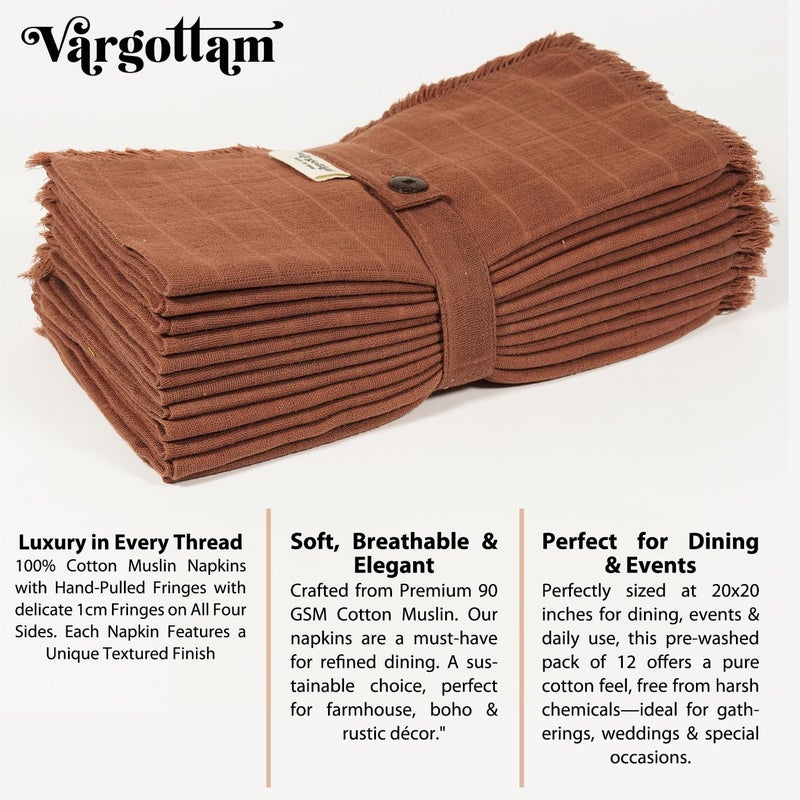 Vargottam 100% Cotton Muslin Cloth Napkins - Set of 12 | 20"x20" Reusable Dinner Napkin with Fringed Edges & Self-Check Texture | Solid Color Table Napkin for Festive Occasions, Dinner Parties - Brown - Image 3