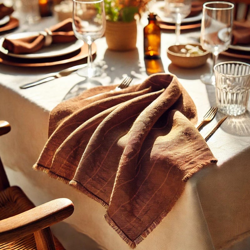 Vargottam 100% Cotton Muslin Cloth Napkins - Set of 12 | 20"x20" Reusable Dinner Napkin with Fringed Edges & Self-Check Texture | Solid Color Table Napkin for Festive Occasions, Dinner Parties - Brown - Image 2