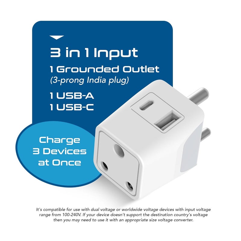Ceptics 3 in 1 Travel Adapter with USB C, Type D Multiple Plug Socket for Laptops, Phones - White - 1 Pack - Image 2