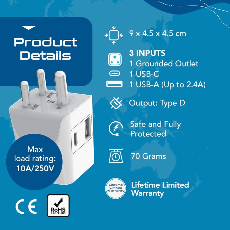 Ceptics 3 in 1 Travel Adapter with USB C, Type D Multiple Plug Socket for Laptops, Phones - White - 1 Pack - Image 4