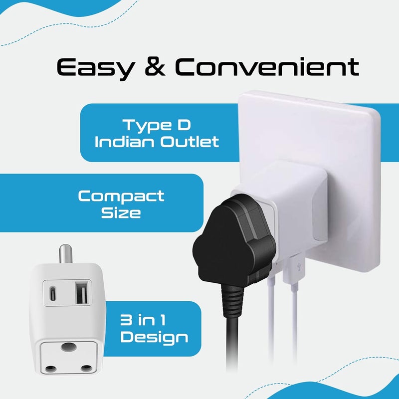 Ceptics 3 in 1 Travel Adapter with USB C, Type D Multiple Plug Socket for Laptops, Phones - White - 1 Pack - Image 5