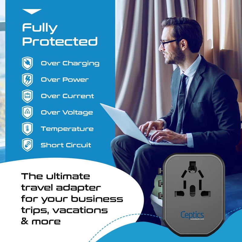 Ceptics 3 in 1 Travel Adapter with USB C, Type D Multiple Plug Socket for Laptops, Phones - White - 1 Pack - Image 3