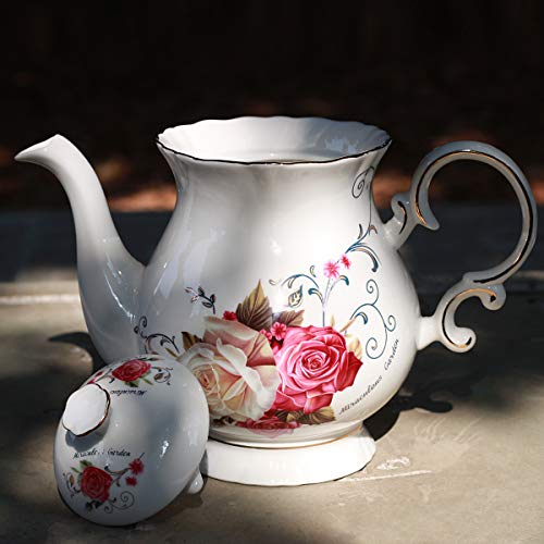 Jomop European Style Ceramic Flower Teapot Coffee Pot Water Pot Porcelain Gift Large 5.5 Cups (1, Rose) - Image 2
