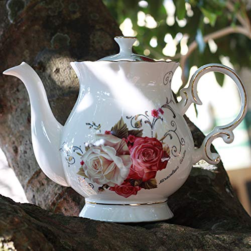 Jomop European Style Ceramic Flower Teapot Coffee Pot Water Pot Porcelain Gift Large 5.5 Cups (1, Rose) - Image 3