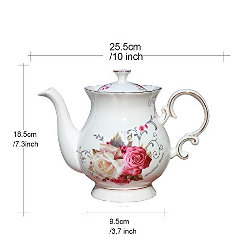Jomop European Style Ceramic Flower Teapot Coffee Pot Water Pot Porcelain Gift Large 5.5 Cups (1, Rose) - Image 5
