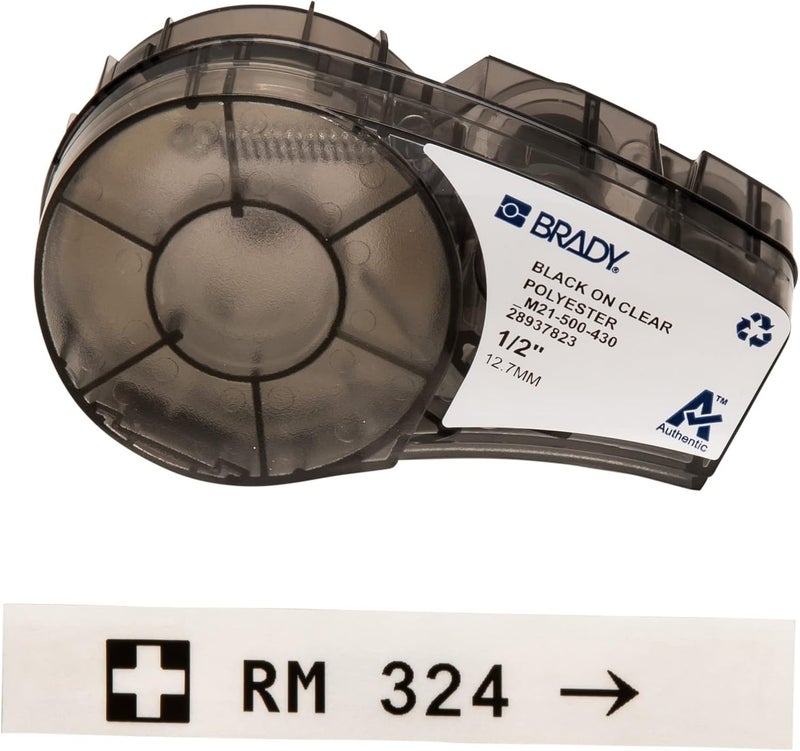 Brady Authentic (M21-500-430) Clear Harsh Environment Polyester Label for Lab, Asset Tracking, Datacom Labeling, Black on Clear- For M210, M210-LAB, M211, BMP21-PLUS and BMP21-LAB Printers, .5"W 21'L - Image 1