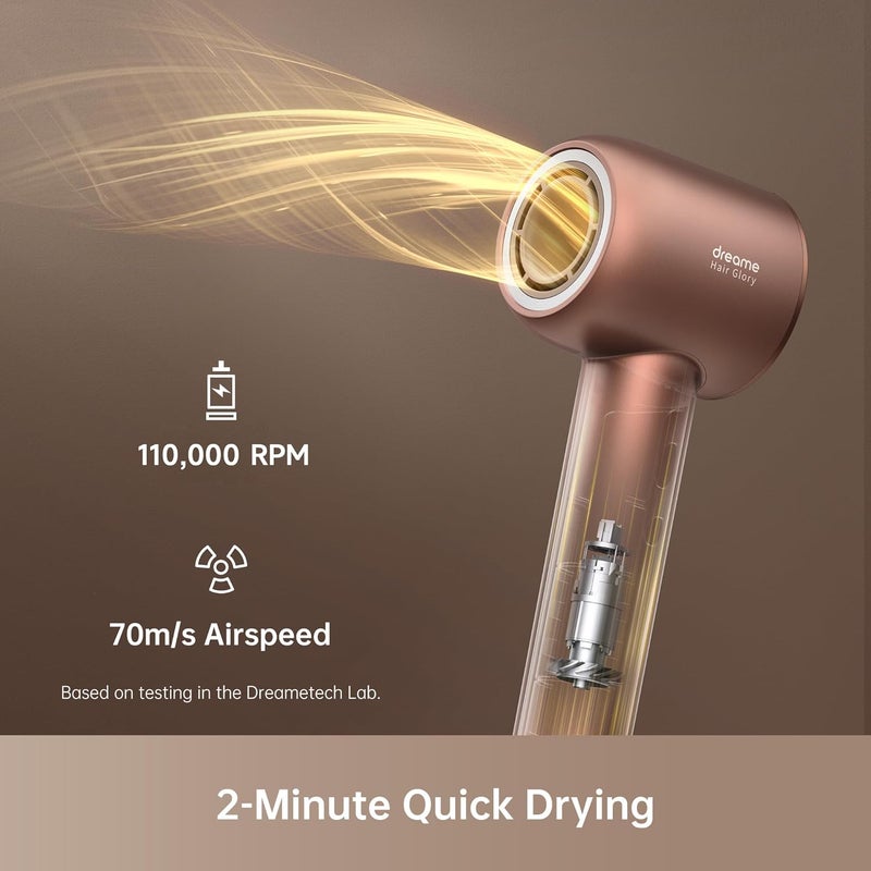 Dreame Hair Glory Hair Dryer, Quick-Drying, 110,000 RPM High-Speed Motor, 70m/s Airflow Speed, Powerful Negative Ions Technology, Lightweight, Temperature and Airspeed Control, Rose Gold - AHD6A-RS - Image 2