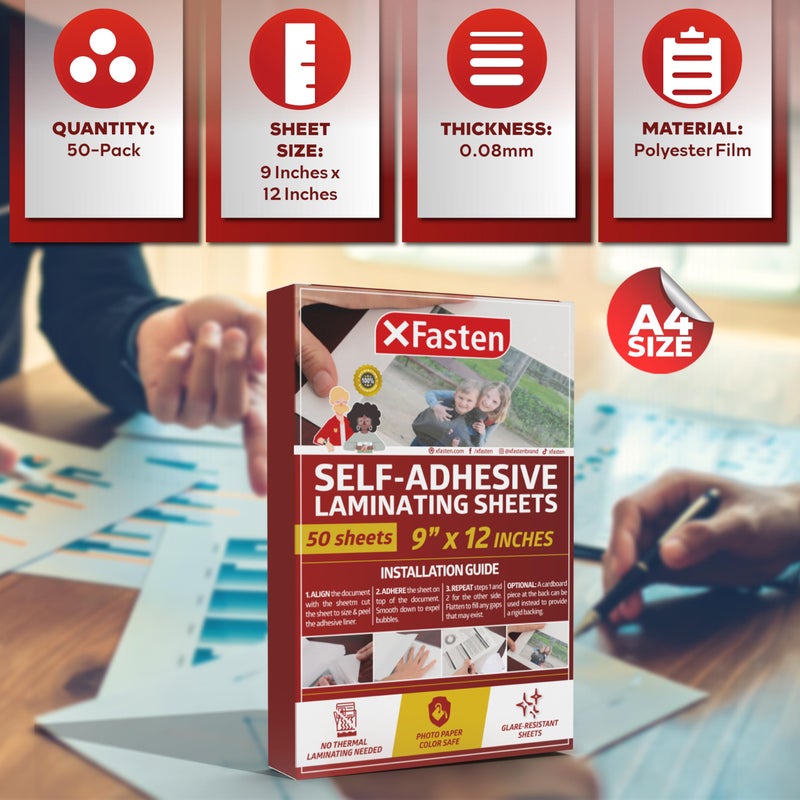 XFasten Self-Adhesive Laminating Sheets, 9 x 12 Inches (50-Pack), 4.76 Thickness - Image 3
