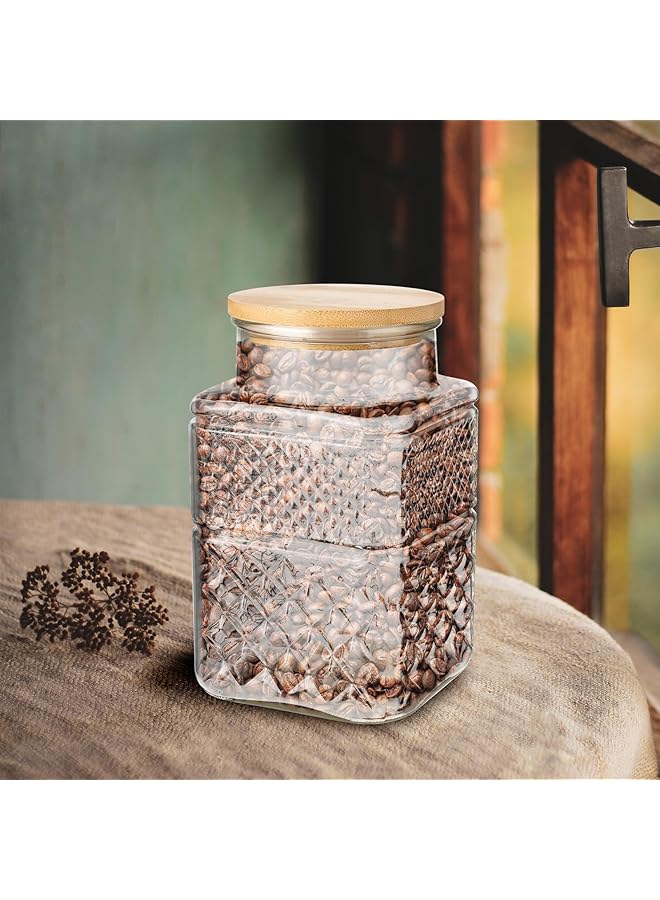 إكسفور مرطبان زجاجي عتيق محكم الغلق سعة 1800 مل، ذو شكل مربع وغطاء من الخيزران، علبة منقوشة لتخزين الدقيق والحبوب والقهوة والمعكرونة والتعليب في المطبخ بشكل أنيق - Image 5