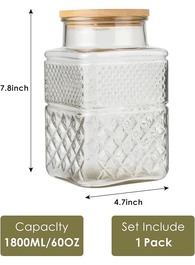 إكسفور مرطبان زجاجي عتيق محكم الغلق سعة 1800 مل، ذو شكل مربع وغطاء من الخيزران، علبة منقوشة لتخزين الدقيق والحبوب والقهوة والمعكرونة والتعليب في المطبخ بشكل أنيق - Image 2