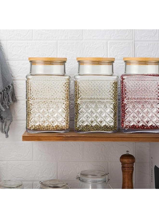 إكسفور مرطبان زجاجي عتيق محكم الغلق سعة 1800 مل، ذو شكل مربع وغطاء من الخيزران، علبة منقوشة لتخزين الدقيق والحبوب والقهوة والمعكرونة والتعليب في المطبخ بشكل أنيق - Image 4