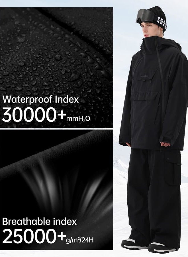 HIGH EXPERIENCE Mens Ski Jacket 3L Snowboard Anorak Coat Baggy Snow Pullover Hooded Waterproof Windproof Insulated Winter, Black, L - Image 4