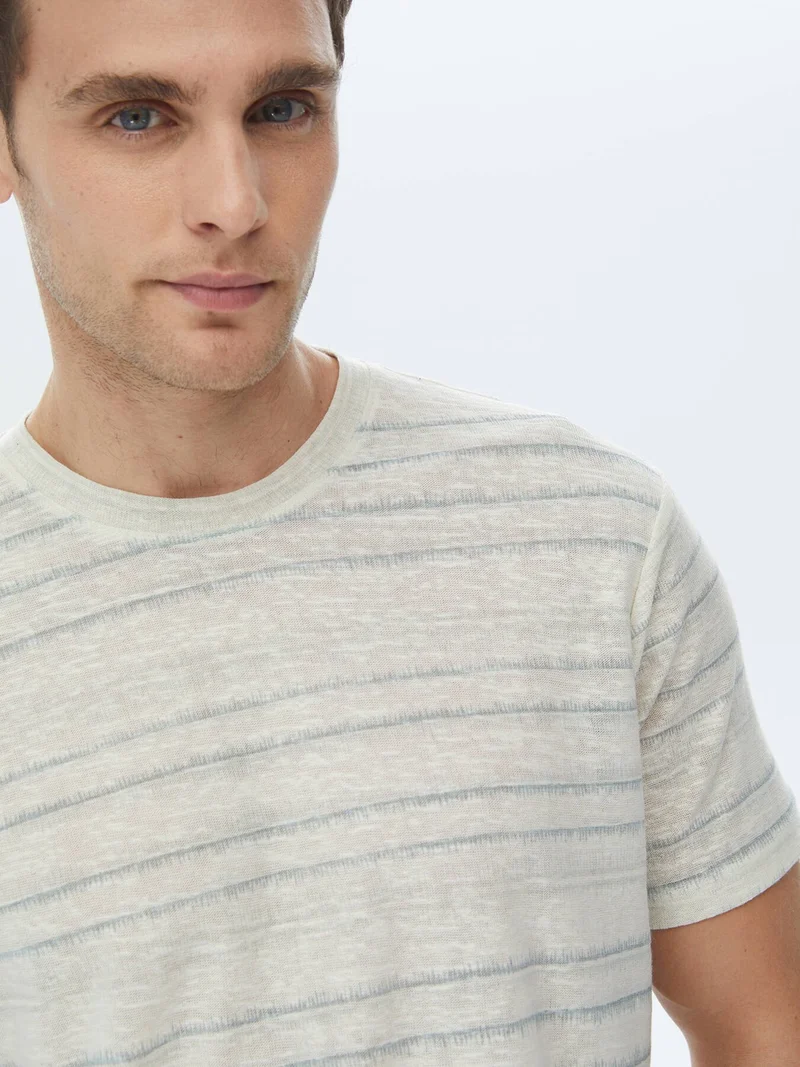 Kip Light Khaki Printed Crew Neck Cotton Blend T-Shirt