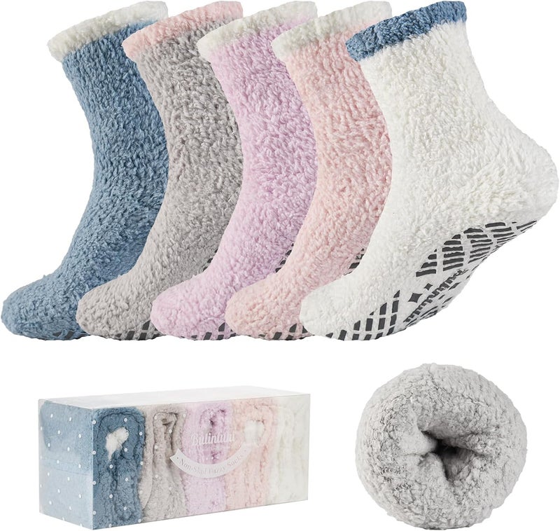 Bulinlulu Fuzzy Socks with Grips for Women 5-Pairs Non Slip Sleep Warm Fluffy Slipper Socks with Grippers for Women - Image 1