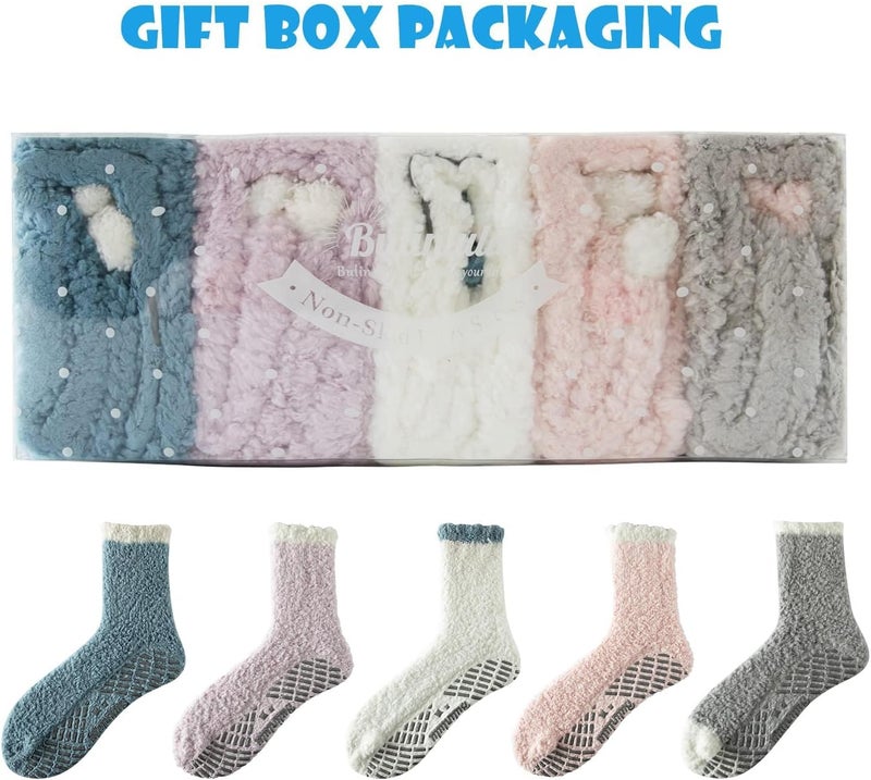 Bulinlulu Fuzzy Socks with Grips for Women 5-Pairs Non Slip Sleep Warm Fluffy Slipper Socks with Grippers for Women - Image 2