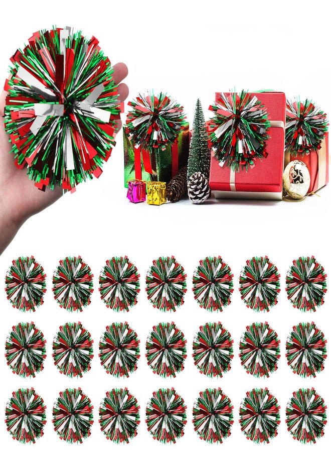 Daifunli 24 Pcs Christmas Tinsel Bows for Gift Wrapping 4 Inch Self Adhesive Christmas Gift Bows Toppers for Xmas Birthday Party Presents Decorations Holiday Gift Accessory(Red, Green, Silver - Image 1