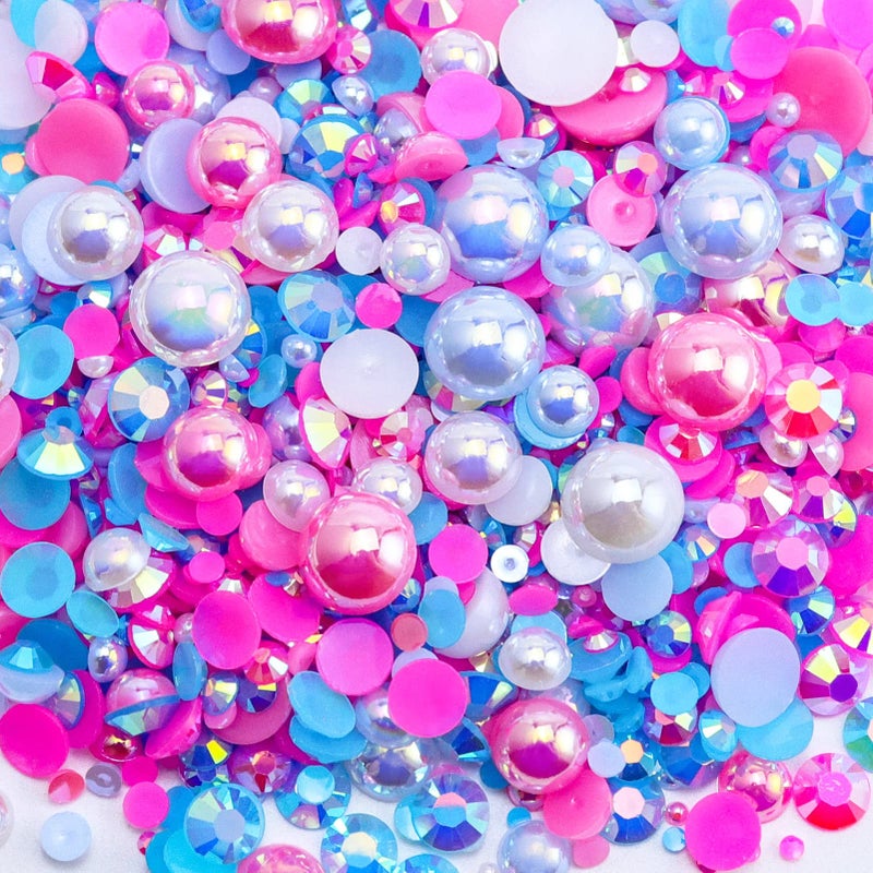 Briskbloom 60g Mix Flatback Pearls and Rhinestones for Crafts 3620PCS Flatback Pearl Rhinestones for Tumblers Nail Face Art Jelly Rhinestones and Half Pearls with Tweezers Wax Pen WhiteBluePinks