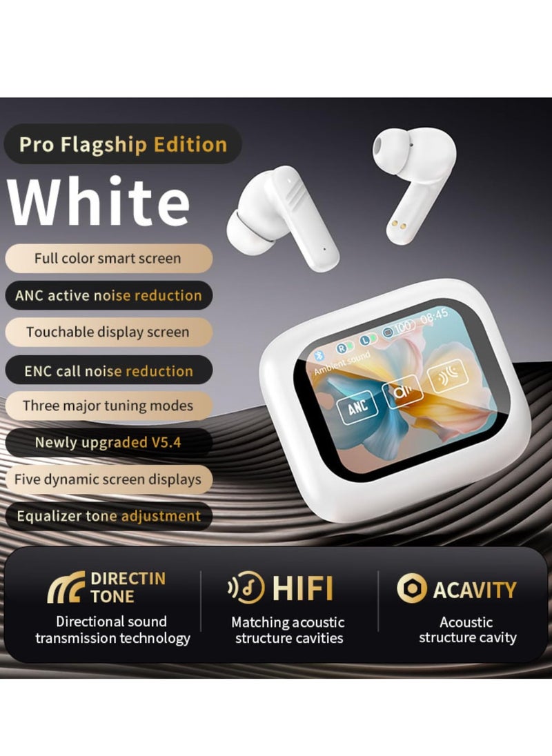 Denx Smart Bluetooth Earphone with Touch Screen ANC/ENC with 320mAh Battery Waterproof Wireless Bluetooth Earbuds with Noise Cancelling and Professional LCD Display for iPhone and Android in White  - Image 2